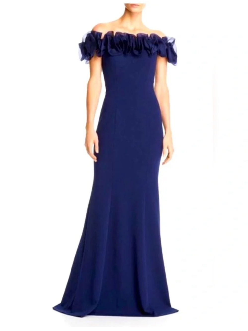 Aidan Mattox Royal Navy Off-Shoulder Ruffle Gown Size 6